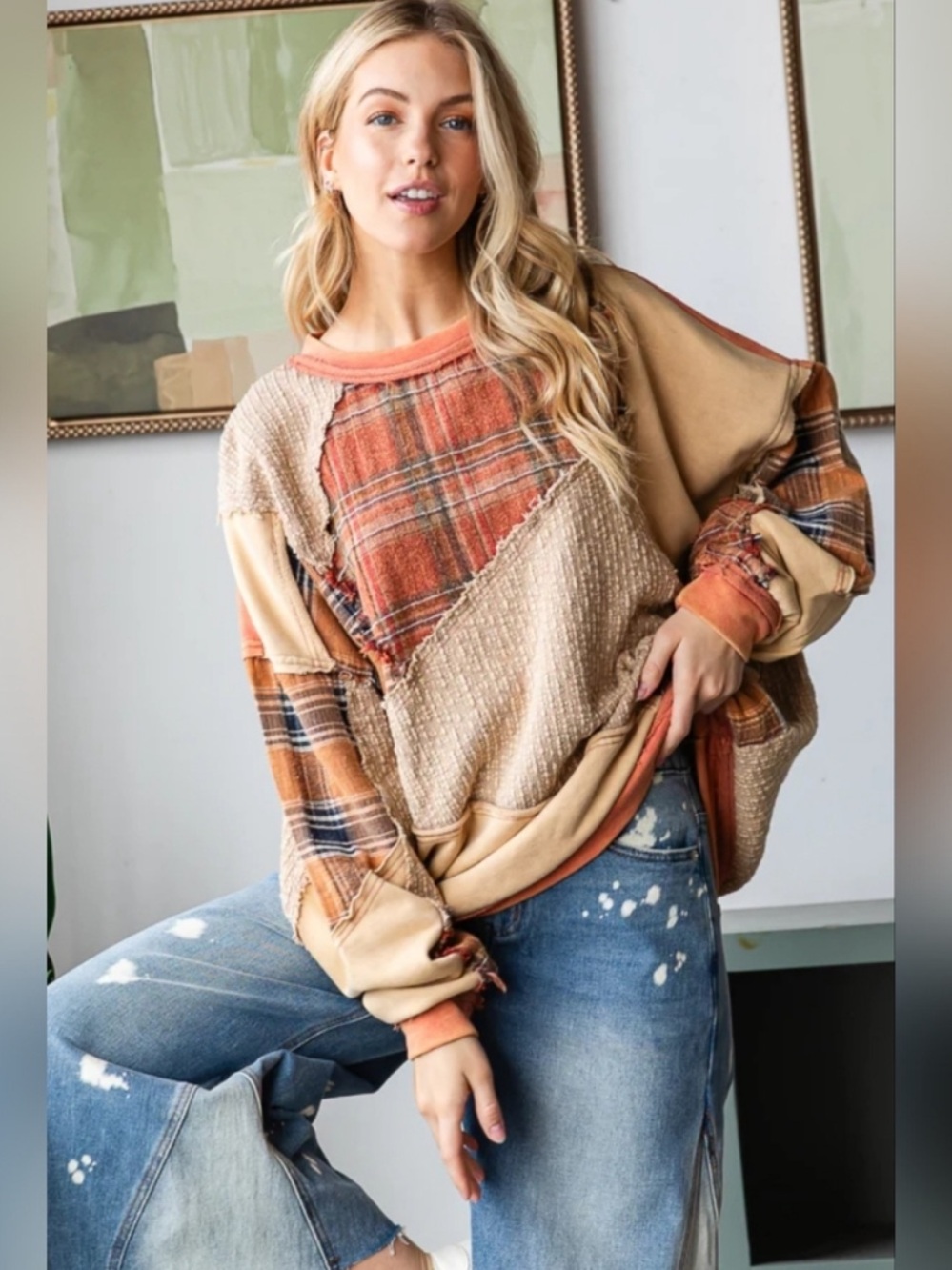 New: Oli & Hali Plaid Boho Patchwork Long Sleeve Oversized Pullover Knit Top• XL